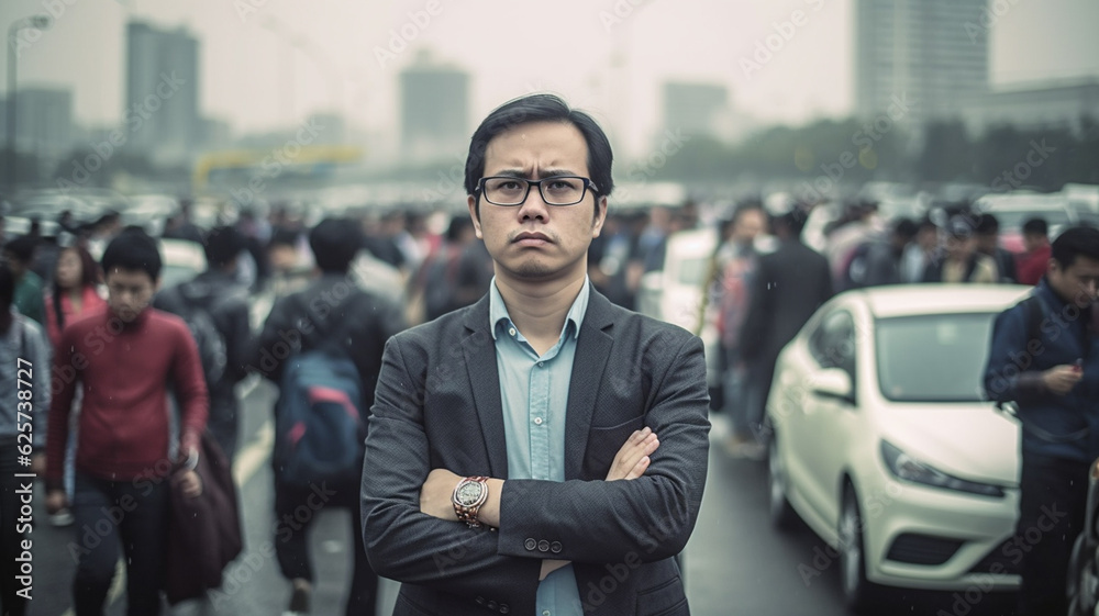 Adult male, man, 30s, 40s, wearing suit and shirt, cloudy sky or bad air quality or exhaust fumes, big city with many people, cars, busy crowd city everyday life, fictional location