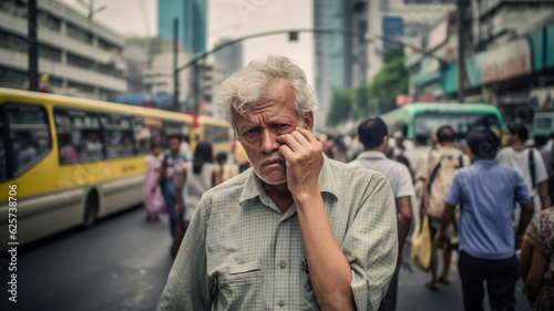old man, senior man with gray hair and glasses and plain shirt, sad and hurt feelings, almost crying, bad mood or lonely, fictional place, city life abroad, caucasian in asian country