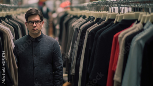 small adult man, 30s, small, small height, wears dark shirt, between clothes rails in a clothing store, glasses, unhappy dissatisfied and self-doubt to the point of irritation, fictitious place