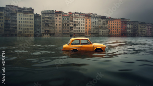 Tela Flooding, flooded city with residential buildings, fictitious location, fictitio