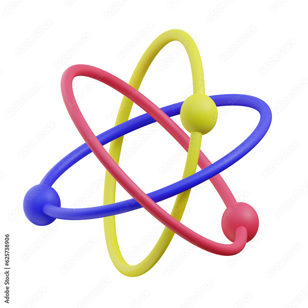 3D illustration of atom element in red, blue, and yellow colors 3D illustration of atom element in red, blue, and yellow colors