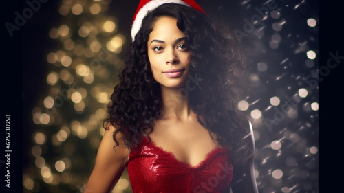 Christmas time, young adult woman in red elegant dress tank top, bokeh, brunette, 20s, close-up