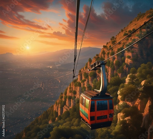 Cable car over the mountains at sunset - Created with Generative AI Technology 
