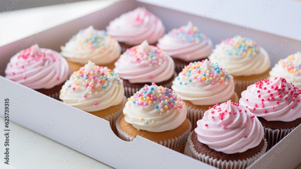 Illustration of a colourful box of delicious cupcakes with frosting and sprinkles created with Generative AI technology