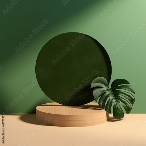Green podium wood natural in tropical forest for product presentation and green wall. Generative AI photo