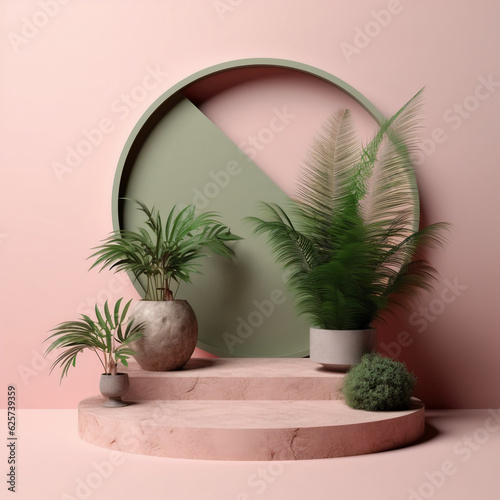 Podium for product presentation, abstract blank pedestal, platform for product display, in ambience pastel color Lavender, mint, dan soft pink, leaf floral falling. Generative AI photo
