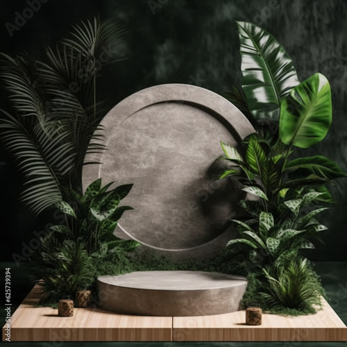 Green leaves botanical tropical podium palm leaf with grey stone stage and black background pedestal or podium display, empty stand for product showcase. Generative AI photo