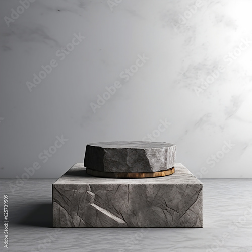 Gray background stone room, gray stone podium and platforms for product display. Generative AI
 photo