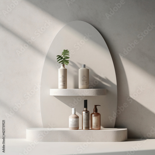 Podium with cosmetics mockup. Deodorant or perfume container promo display podium, luxury cosmetics promotion platform composition realistic vector background with leaves shadows. Generative AI photo