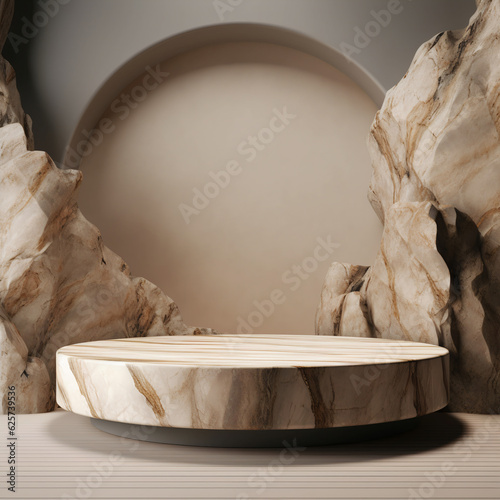 Stone and marble podium for display product. Background for cosmetic product branding, identity and packaging. Generative AI photo