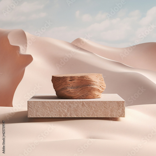 Landscape desert scene with marble pedestal, podium display platform, background super detailed, highly detailed. Generative AI photo