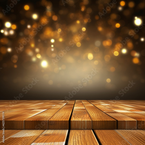 Empty wooden table and bokeh lights blurred outdoor cafe background. Generative AI photo