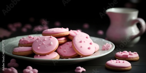 pink icing cookies on a plate