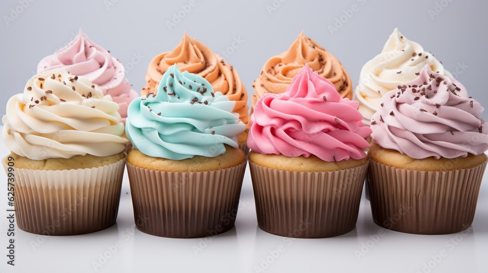 Illustration of a colourful assortment of cupcakes displayed on a table created with Generative AI technology