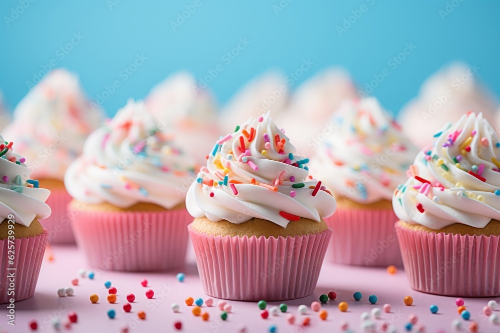 Illustration of a colourful assortment of cupcakes displayed on a table created with Generative AI technology Illustration of a colourful assortment of cupcakes displayed on a table created with Generative AI technology