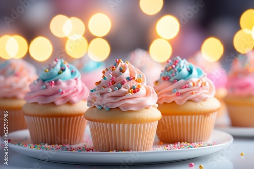 Illustration of a colourful assortment of cupcakes displayed on a table created with Generative AI technology