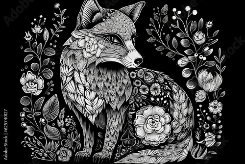 lithograph style fox print made using AI genreative technologies