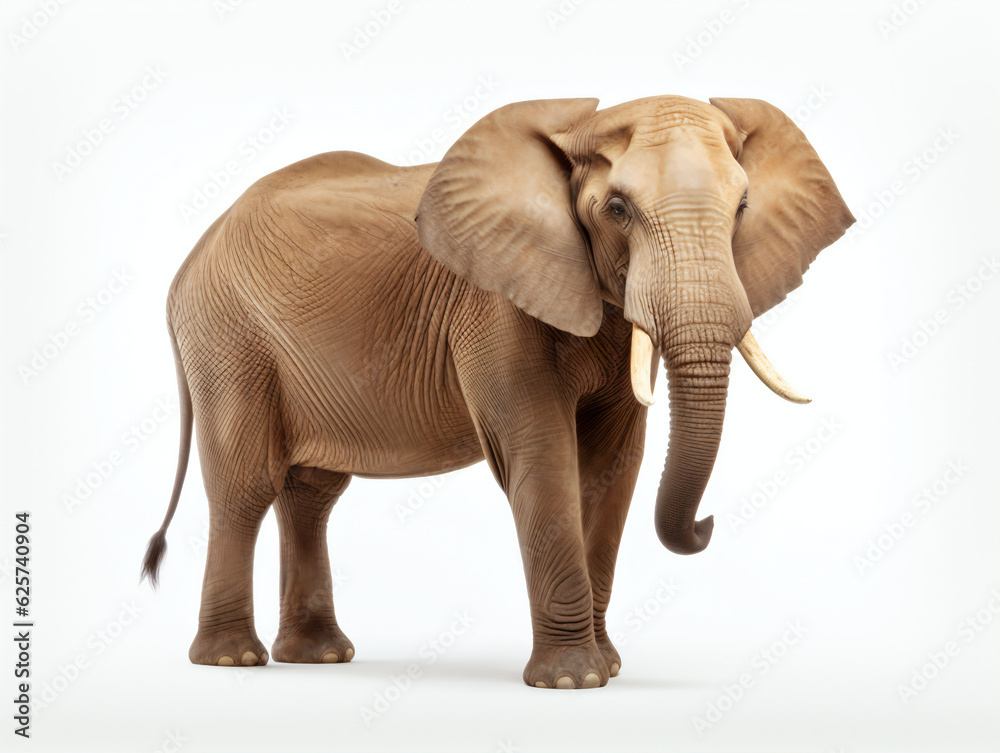 A side view of a large elephant standing on a white background