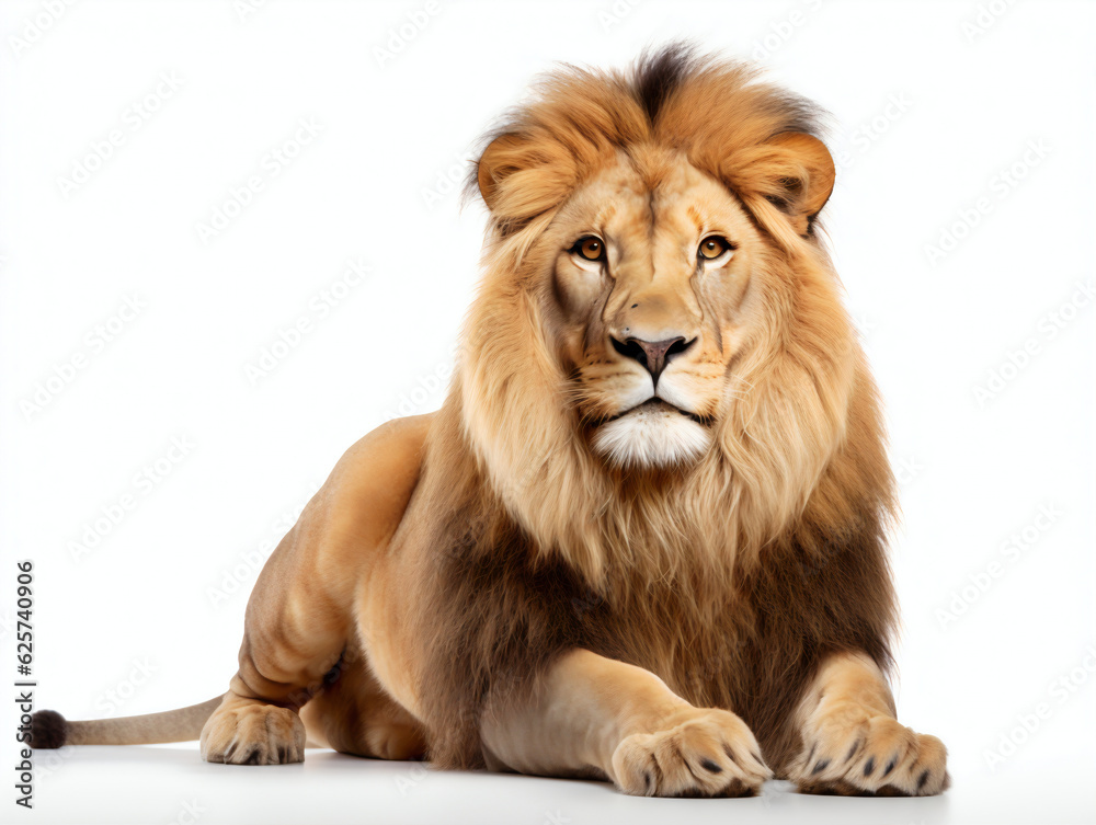 Lion directly facing the camera while lay down on a white background