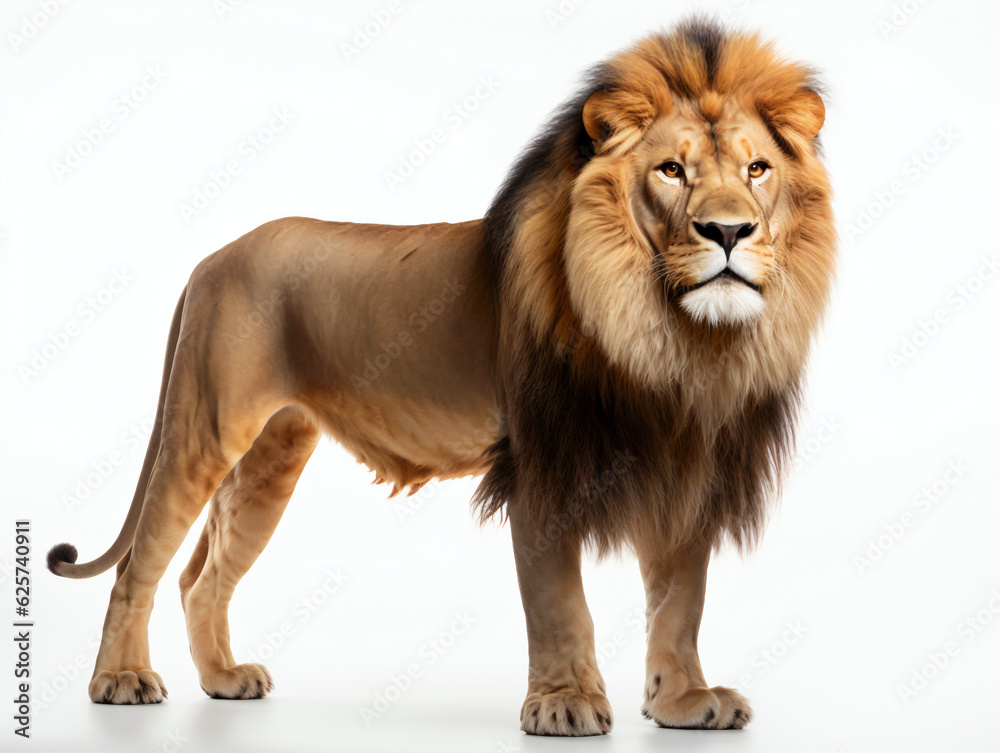 Fototapeta premium Lion stood on a white background looing away from the camera