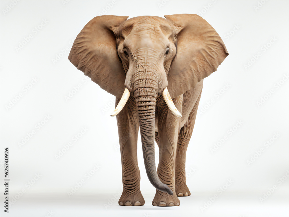 Elephant stood directly facing the camera on a white background