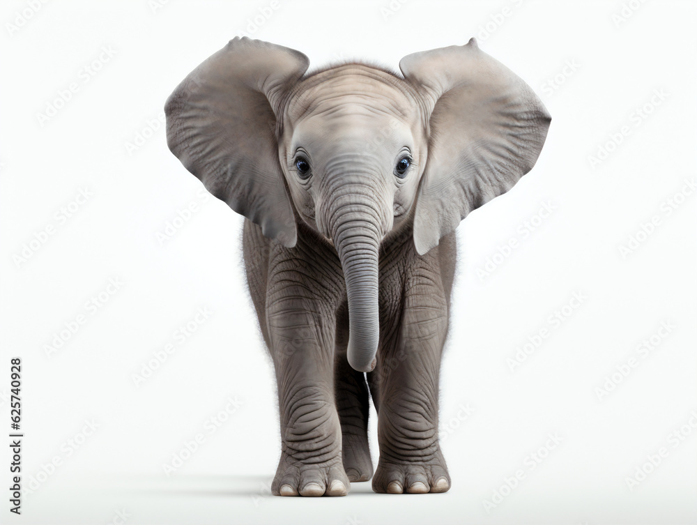 Elephant calf stood directly facing the camera on a white background