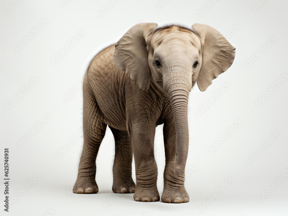 An Elephant calf stood on a white studio background