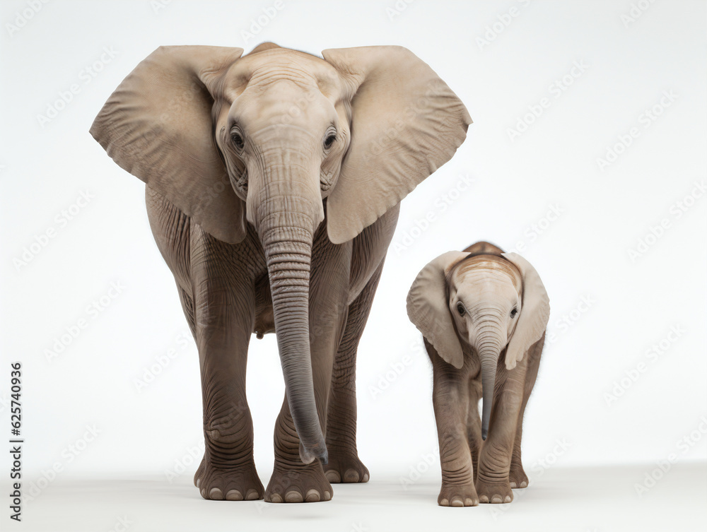 An elephant with its calf standing on a white background