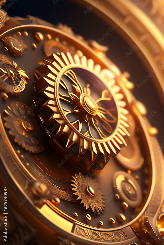 Closeup of a beautiful golden clockwork gear. Generative AI_1.