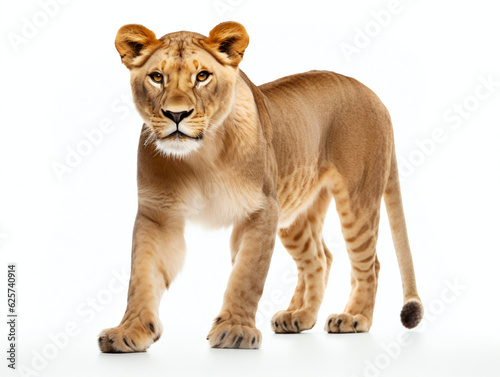 Lioness walking on a white background