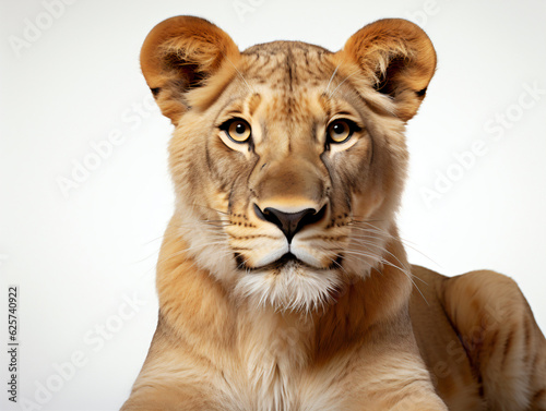 A close up portrait of a lioness, isolated on a white background