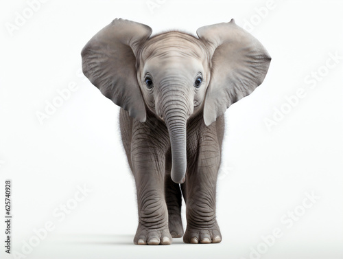 Elephant calf stood directly facing the camera on a white background