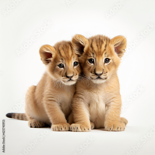 Two lion cubs cuddling on a white background