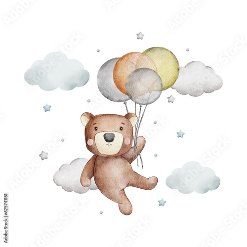 Cute bear and balloons watercolor illustration