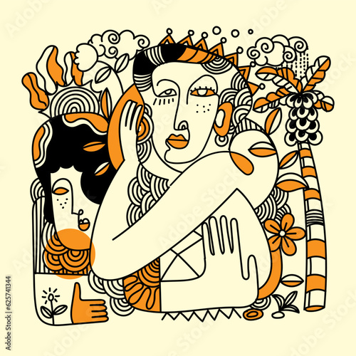Abstract decorative line drawing of woman face portrait wit minimalist color vector illustration.