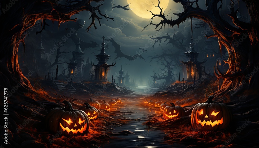 Forest pumpkins. Horror background with autumn valley with woods, spooky tree, pumpkins and spider web