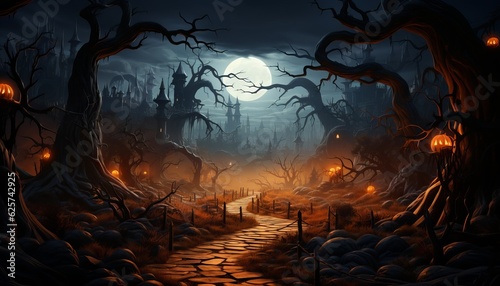 Forest pumpkins. Horror background with autumn valley with woods, spooky tree, pumpkins and spider web