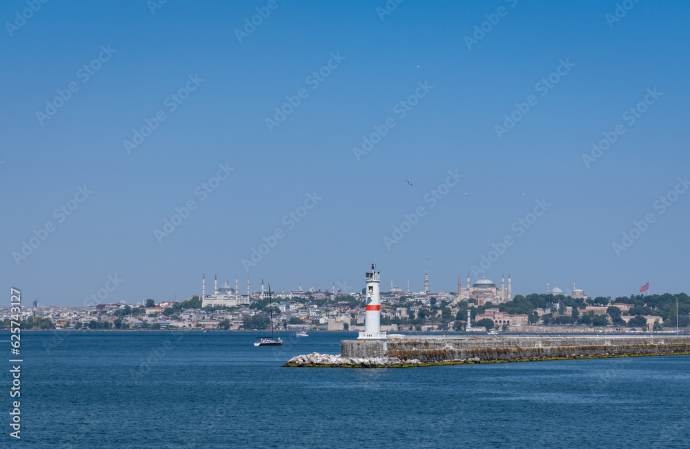 lighthouse on the breakwater. The historical peninsula in the background.
kadikoy, istanbul,