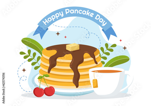 Pancake Day Vector Illustration a Plate of Pancakes Topped with Syrup, Cherries and Blueberries in Homemade Bakery Flat Cartoon Hand Drawn Templates