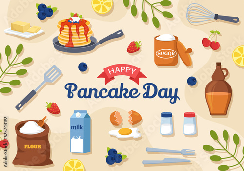 Pancake Day Vector Illustration a Plate of Pancakes Topped with Syrup, Cherries and Blueberries in Homemade Bakery Flat Cartoon Hand Drawn Templates