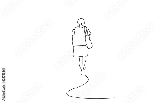 mature woman bag calm relax alone vacation walk back view line art