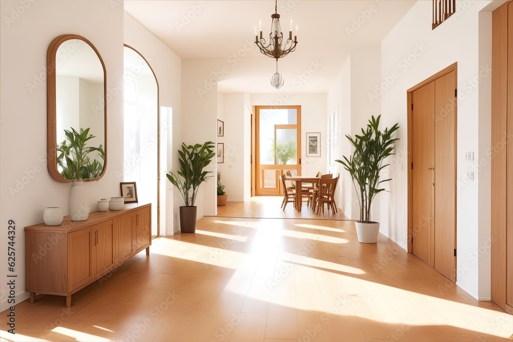Interior of the hall of a Californian house with wooden floors and furniture on a sunny day.- AI Generative