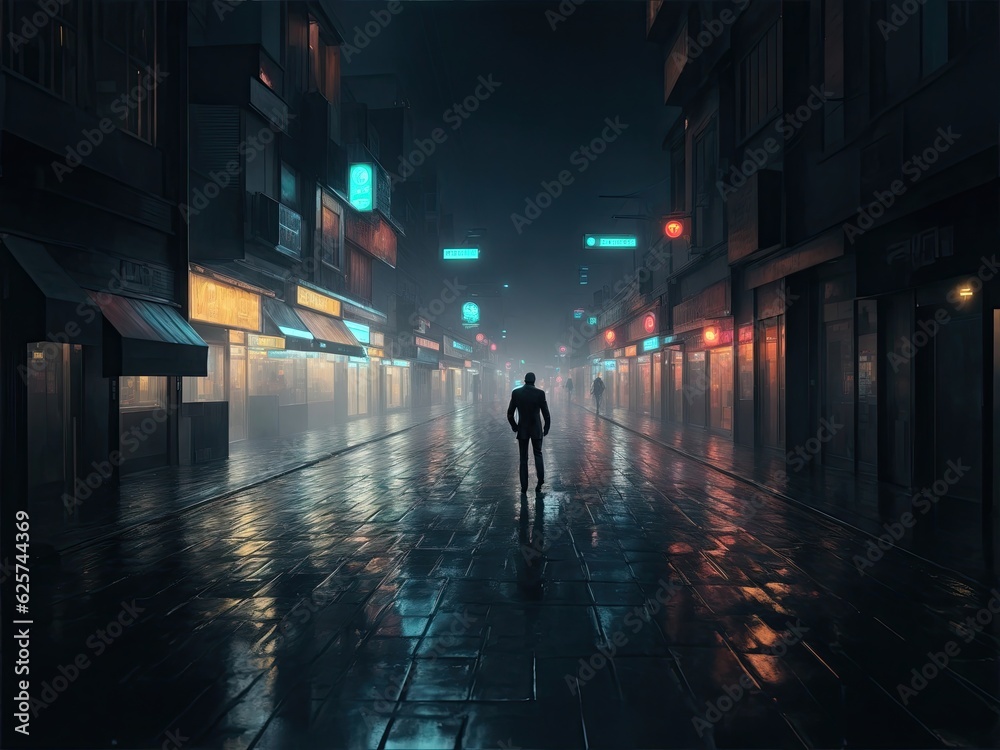 Silhouette of a person walking in the dark streets of the city illuminated by the signs of the businesses- AI Generative