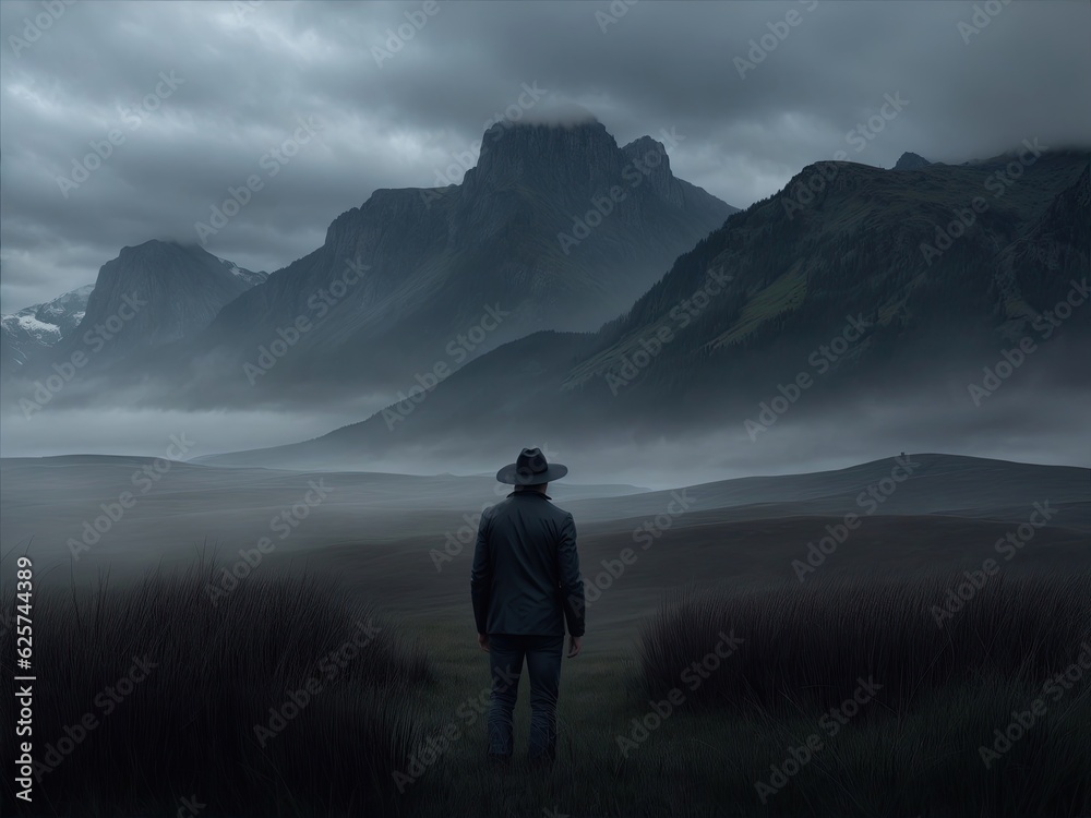 Silhouette of a man in a hat and raincoat standing contemplating the wild landscape on an afternoon minutes before the storm - AI Generative
