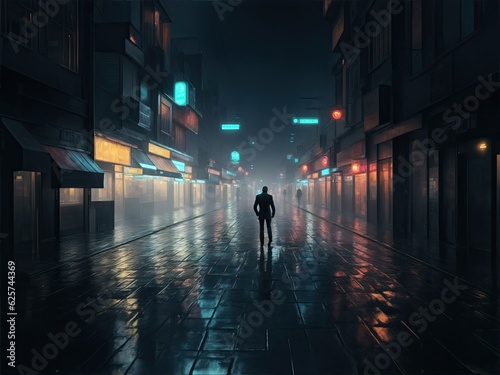 Silhouette of a person walking in the dark streets of the city illuminated by the signs of the businesses- AI Generative