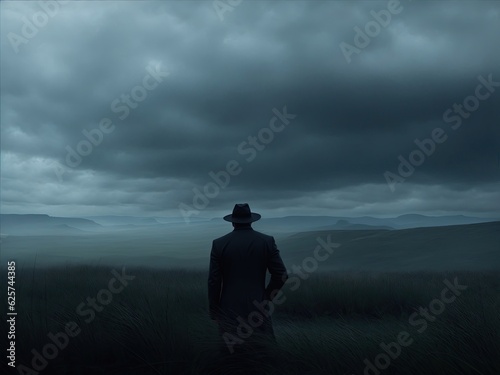 Silhouette of a man in a hat and raincoat standing contemplating the wild landscape on an afternoon minutes before the storm - AI Generative