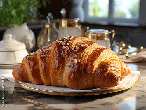 photography of french croissant on the white marble table AI generated