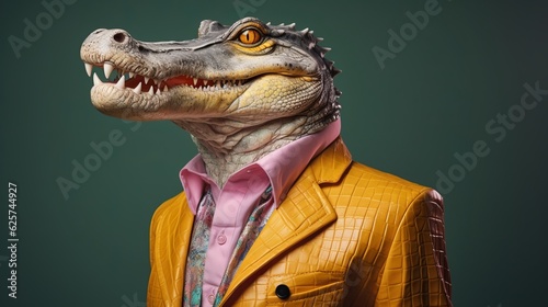 Close up surreal portrait of a fashionable crocodile wearing a crocodile leather jacket. Minimal concept of reversed anti-humor and alternative humor or anti-leather advocates, movement and activism