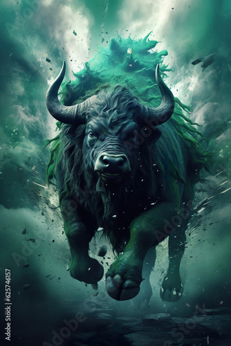 Epic image of animal in hyper realism. Image of an angry bull wild animal. Angry bull running in a rodeo arena domestic farm animals. Realistic 3D illustration. Generative AI