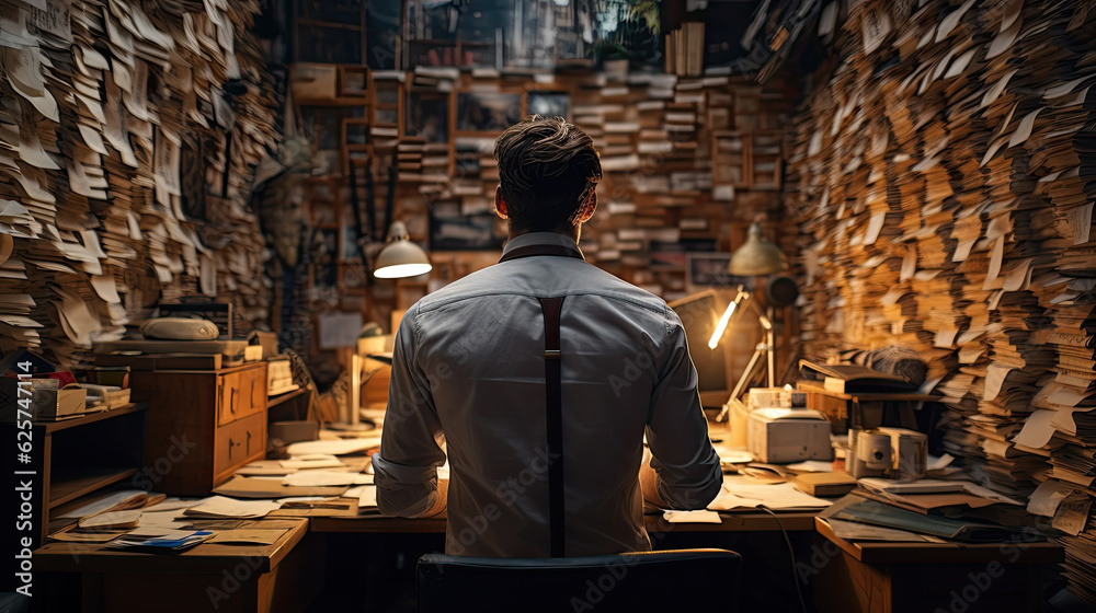 back view of a man in his office which is overflowing with work. Notes and documents are spread all over the walls too. Generative AI